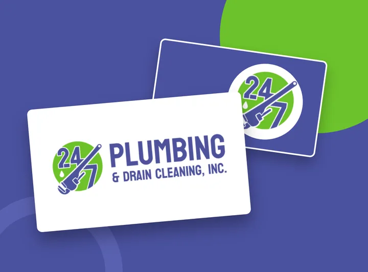 24/7 Plumbing and Drain Cleaning redesigned logo on a business card mockup