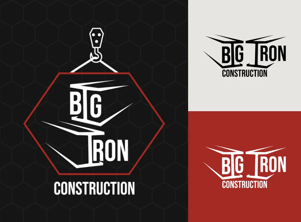 Big Iron Construction logo system: primary logo plus black and white horizontal versions