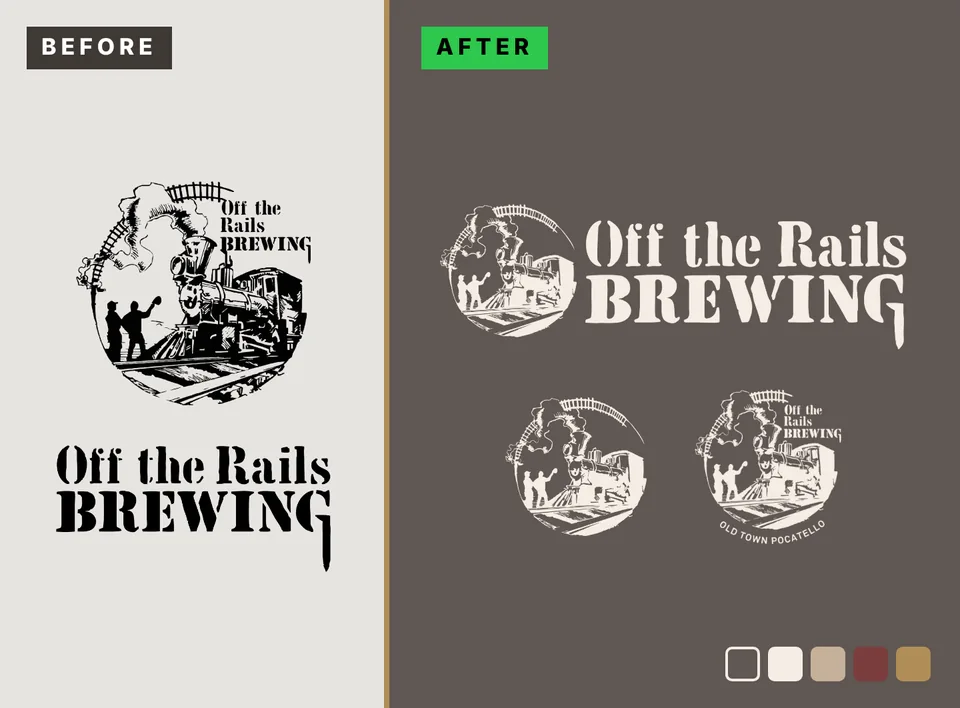 Off The Rails Brewery before and after: two old logos replaced by one logo system in the brand palette