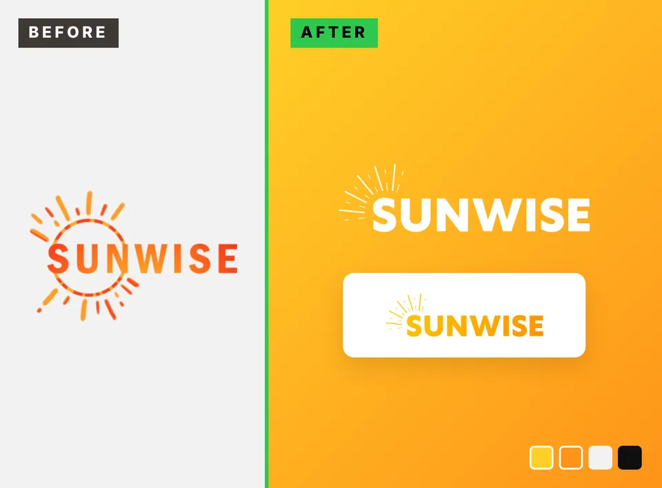 SunWise Solar logo before and after the redesign, shown in the brand colors